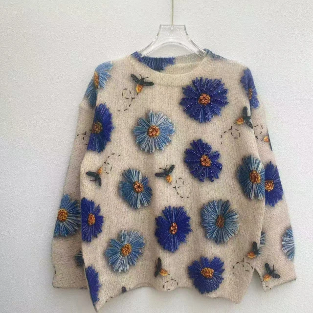 重工钉珠印花减龄毛衣女装上衣 秋冬新款圆领慵懒风针织衫打底衫