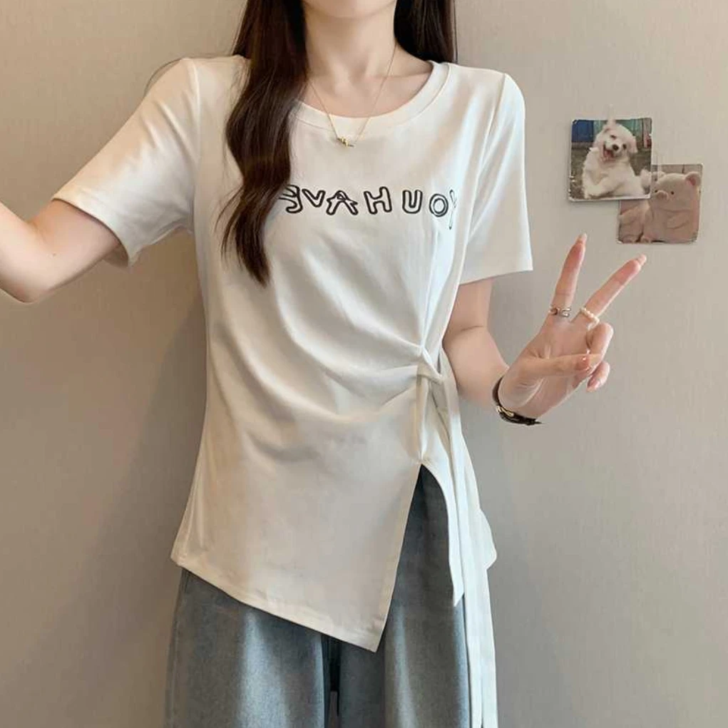 2025夏新款女装时尚设计感收腰绑带字母显瘦短袖T恤小众不规则