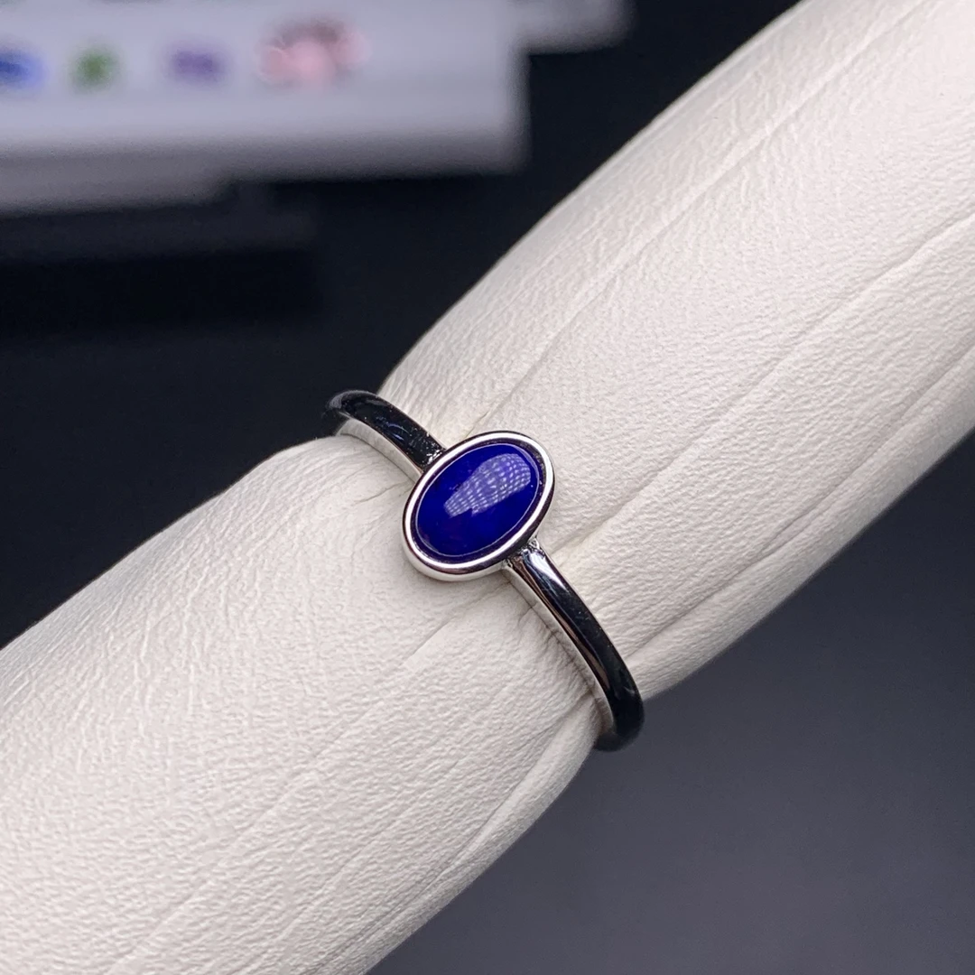 925银天然青金石戒指 无白少金 4x6尺寸 活口不挑指号