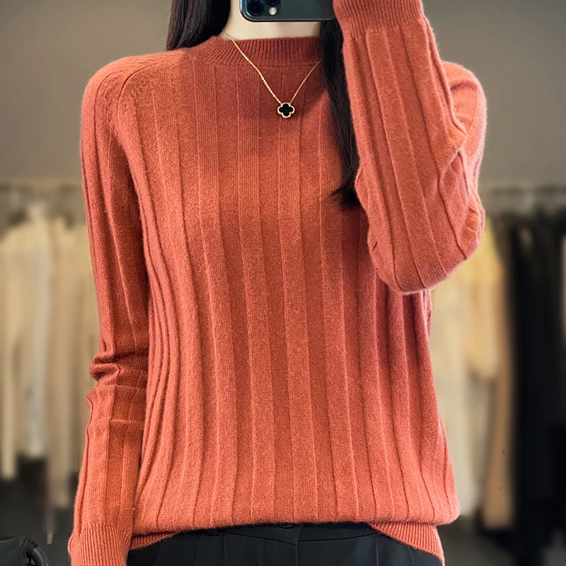 羊毛宽条圆领2025年新款长袖套头纯色100%羊毛衫羊绒针织打底衫
