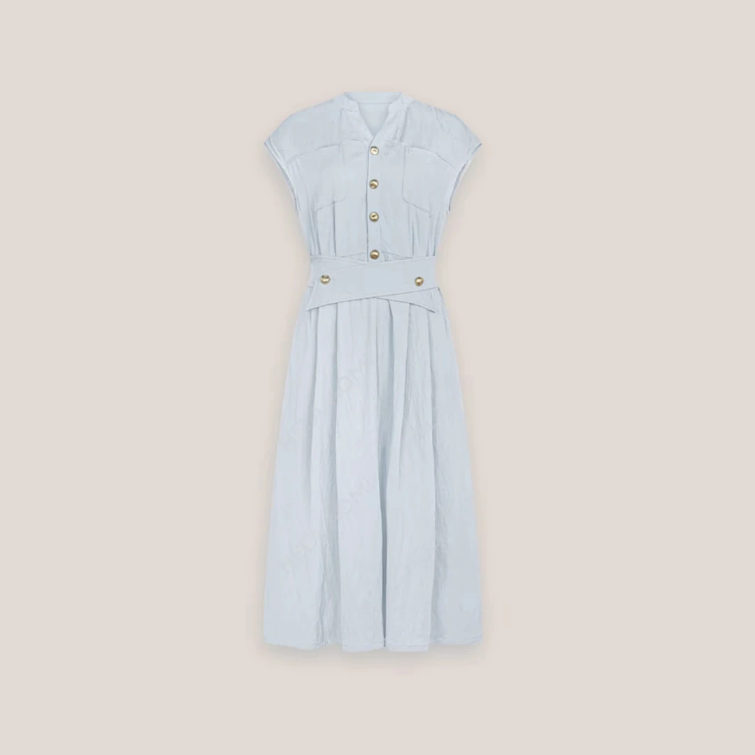 “鸢尾蓝”知性优雅V领飞袖交叉腰带连衣裙CY5BB72659