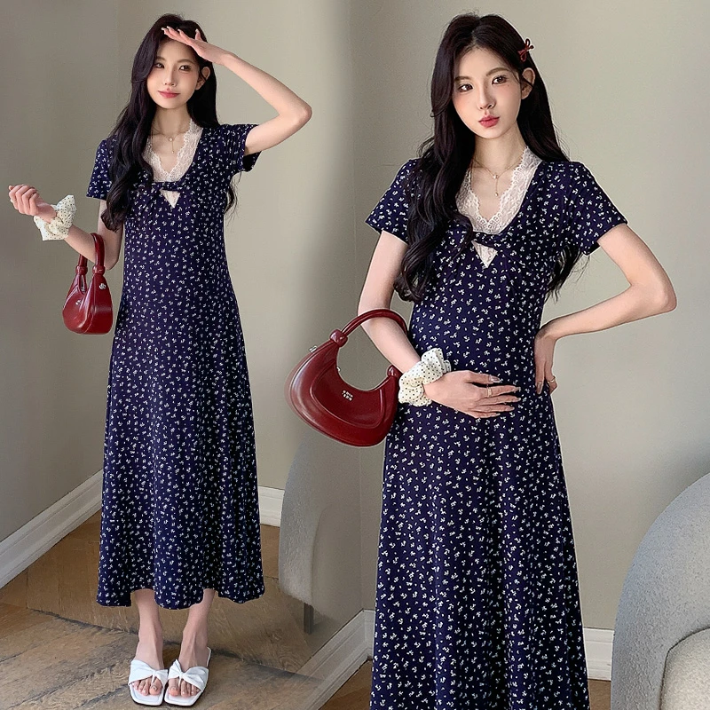 【安安】~2025夏新品法式扭结设计感蕾丝边碎花显瘦孕妇连衣裙