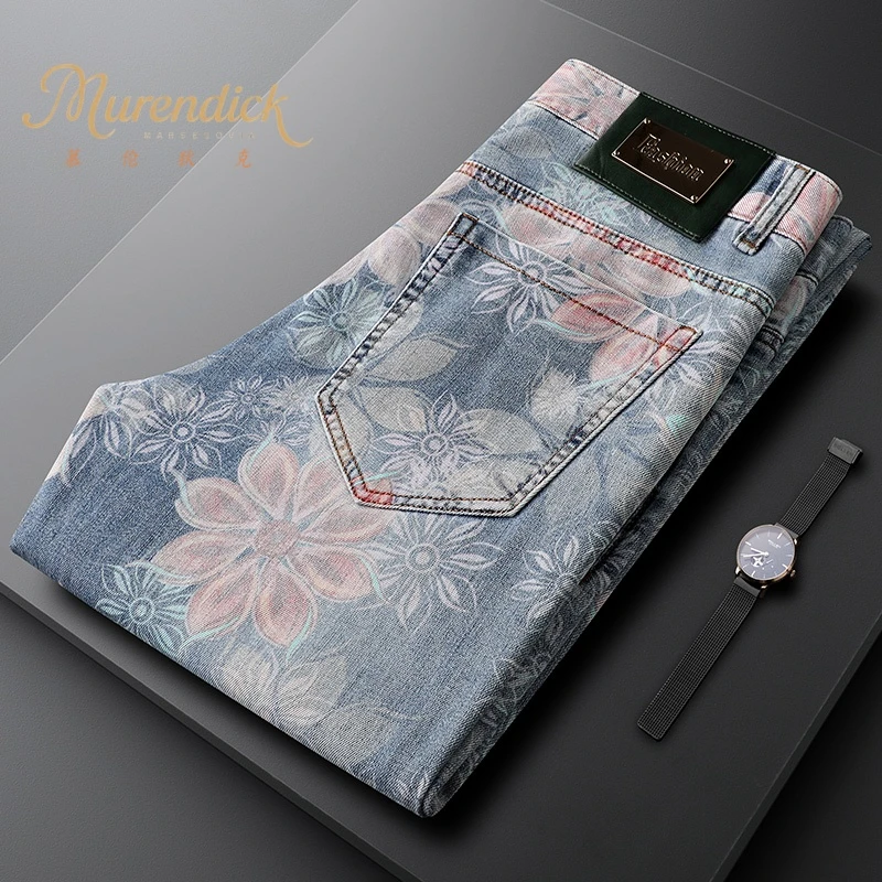 轻奢印花牛仔裤子男士修身小直筒裤2025年夏季新款男士彩色花裤子