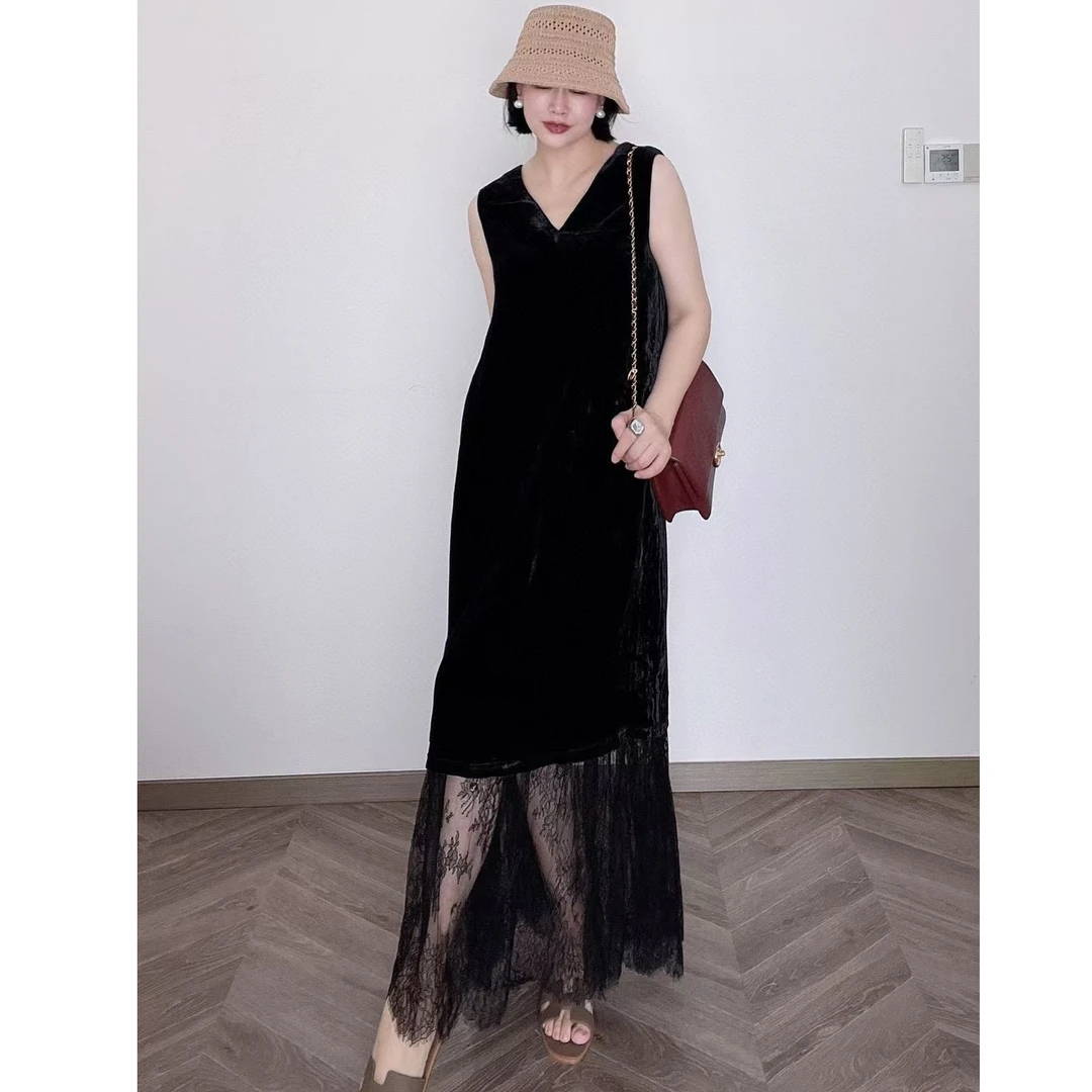 法式真丝丝绒拼蕾丝气质时尚连衣裙显瘦无袖春夏休闲优雅黑色长裙
