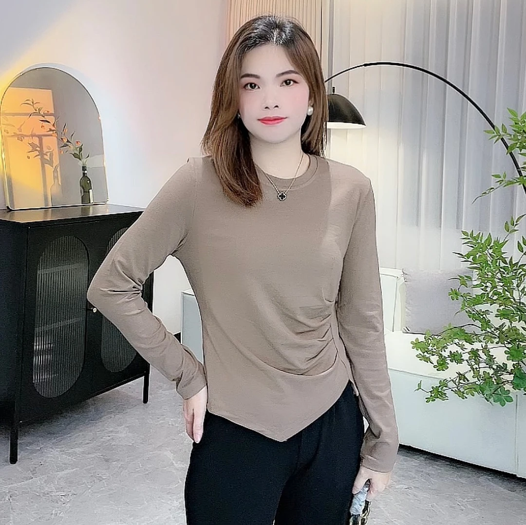 秋冬新款长袖女t恤不规则设计款 修身显瘦圆领时尚百搭设计款气质
