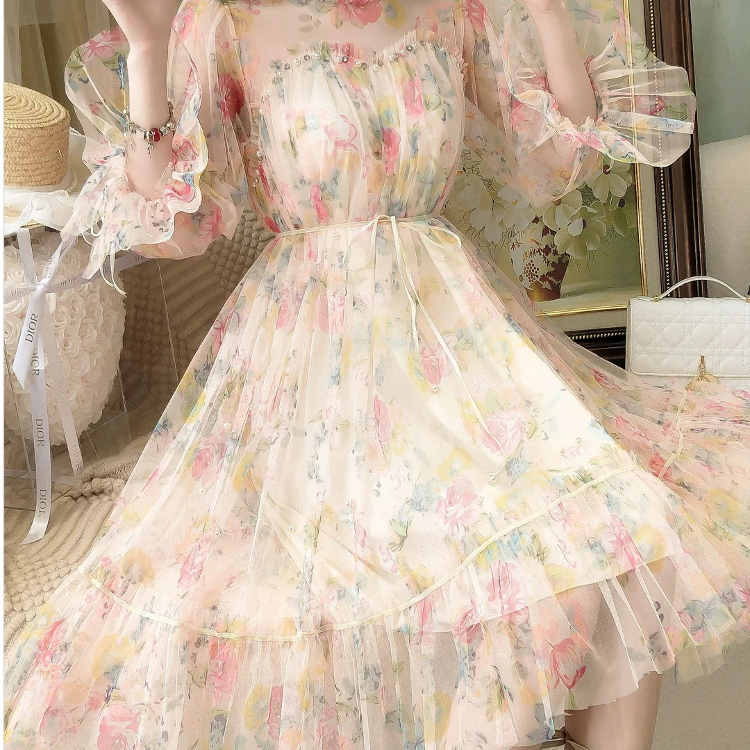 高级感轻奢气质网纱印花连衣裙女2025春甜美系带蝴蝶结收腰仙女裙