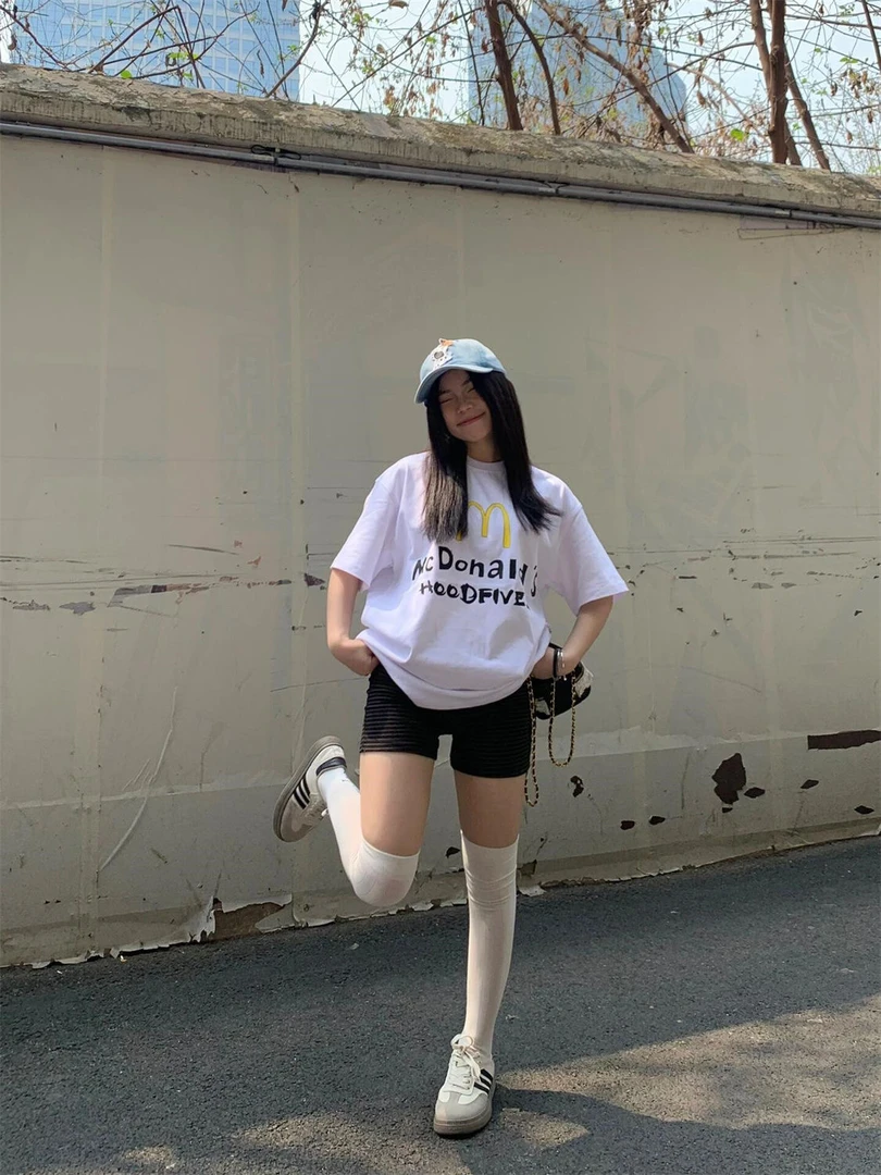 100%纯棉高街慵懒风短袖T恤女生宽松显瘦夏季圆领百搭ins韩版上衣