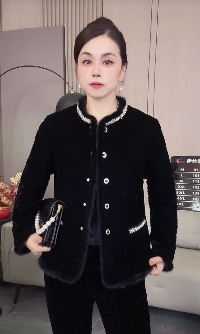 新款面膜丝绒加棉加厚水貂毛名媛风保暖棉服外套