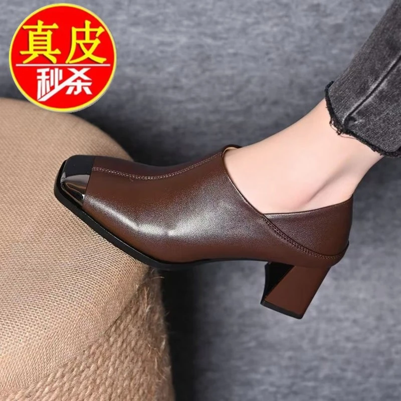 【万达撤柜】2025春季新款方头深口高跟鞋女粗跟单鞋女真皮通勤女鞋