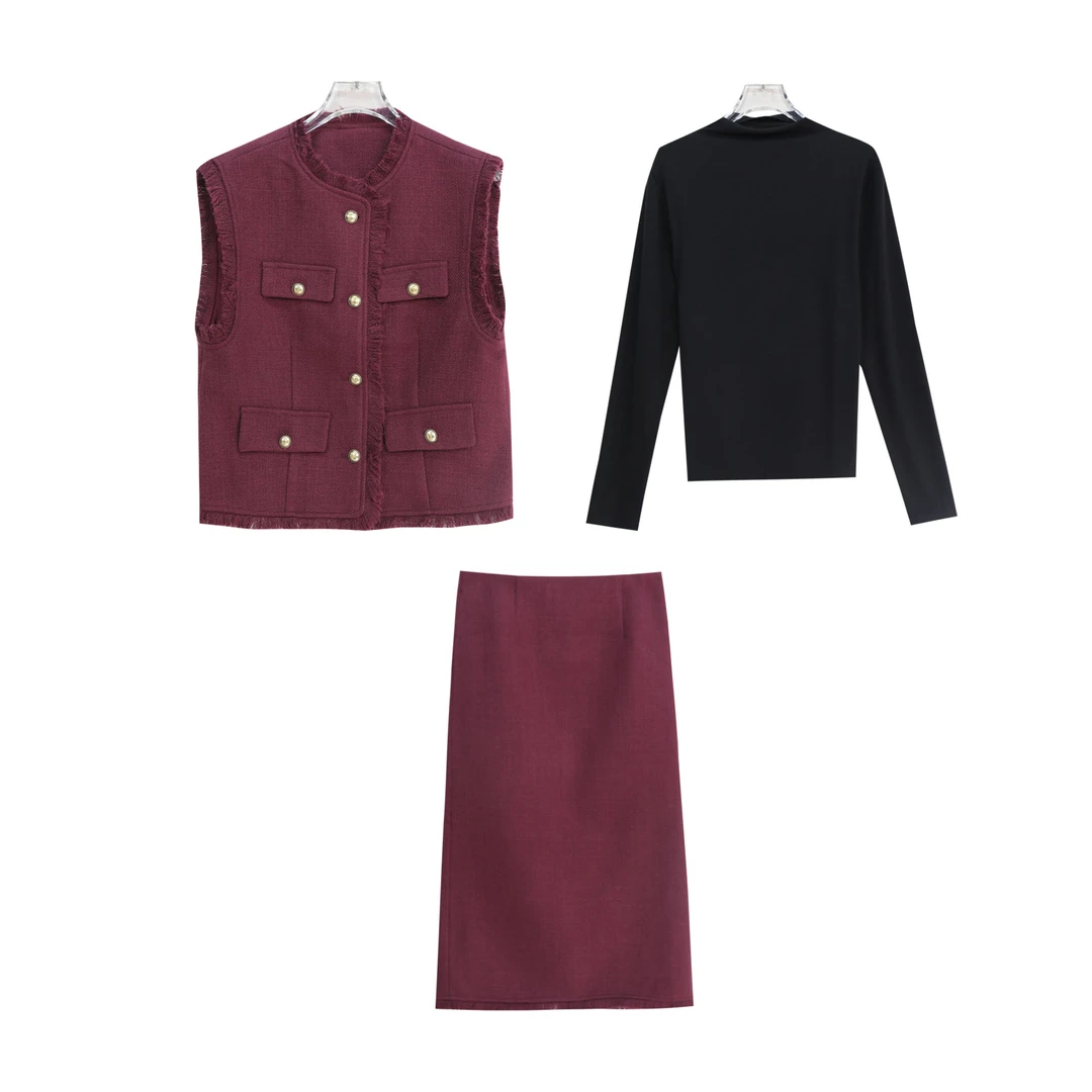 法式小香风马甲纯色内搭高腰半身裙三件套S4664