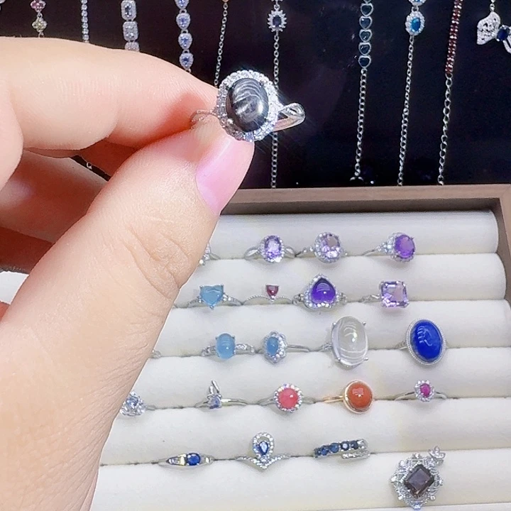 戒指银S925镶嵌烟晶