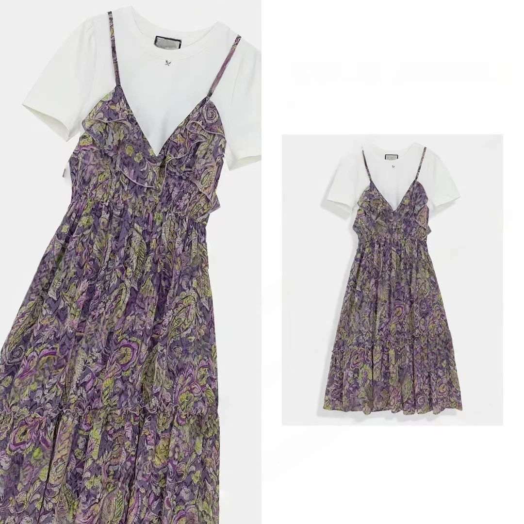 高级设计师原创新款夏日轻奢女装拼接碎花假两件显瘦连衣裙