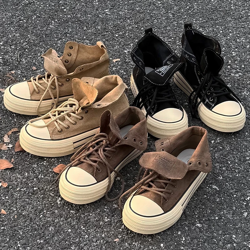 OUBOPOR美拉德仿牛绒日系高帮板鞋男复古百搭厚底增高硫化帆布鞋