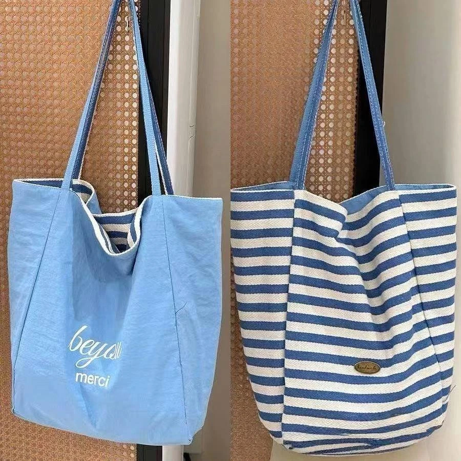 双面背条纹帆布袋 韩国ins慵懒风托特包学生大容量休闲单肩包xdf