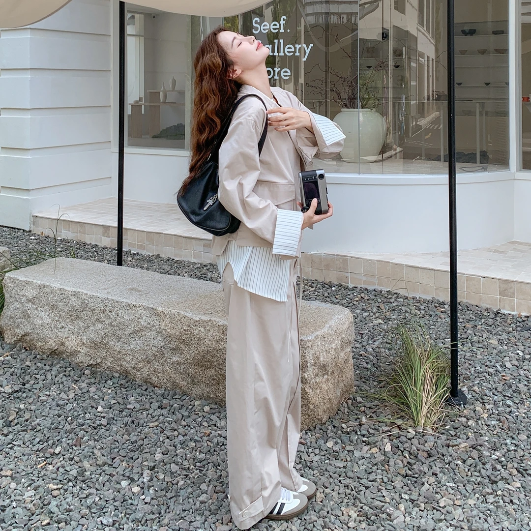 时髦酷飒高级感百搭套装女秋季新款简约拼接上衣阔腿裤工装两件套