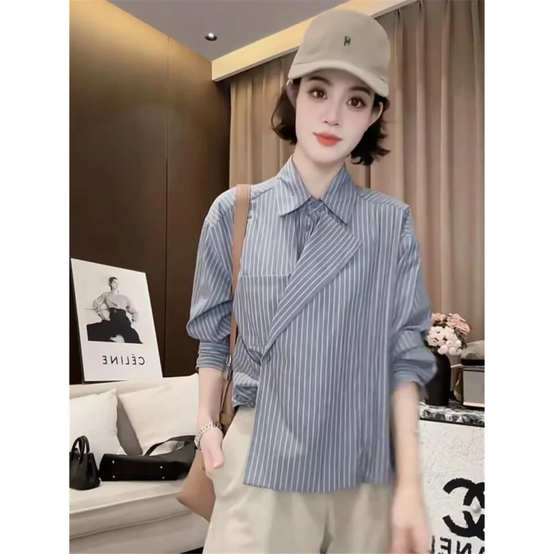 不规则条纹衬衫外套女早秋季新款设计感小众休闲宽松显瘦上衣