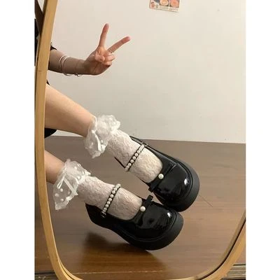 2024春夏新款厚底粗跟配裙子JK高跟鞋单鞋法式拼色玛丽珍小皮鞋女