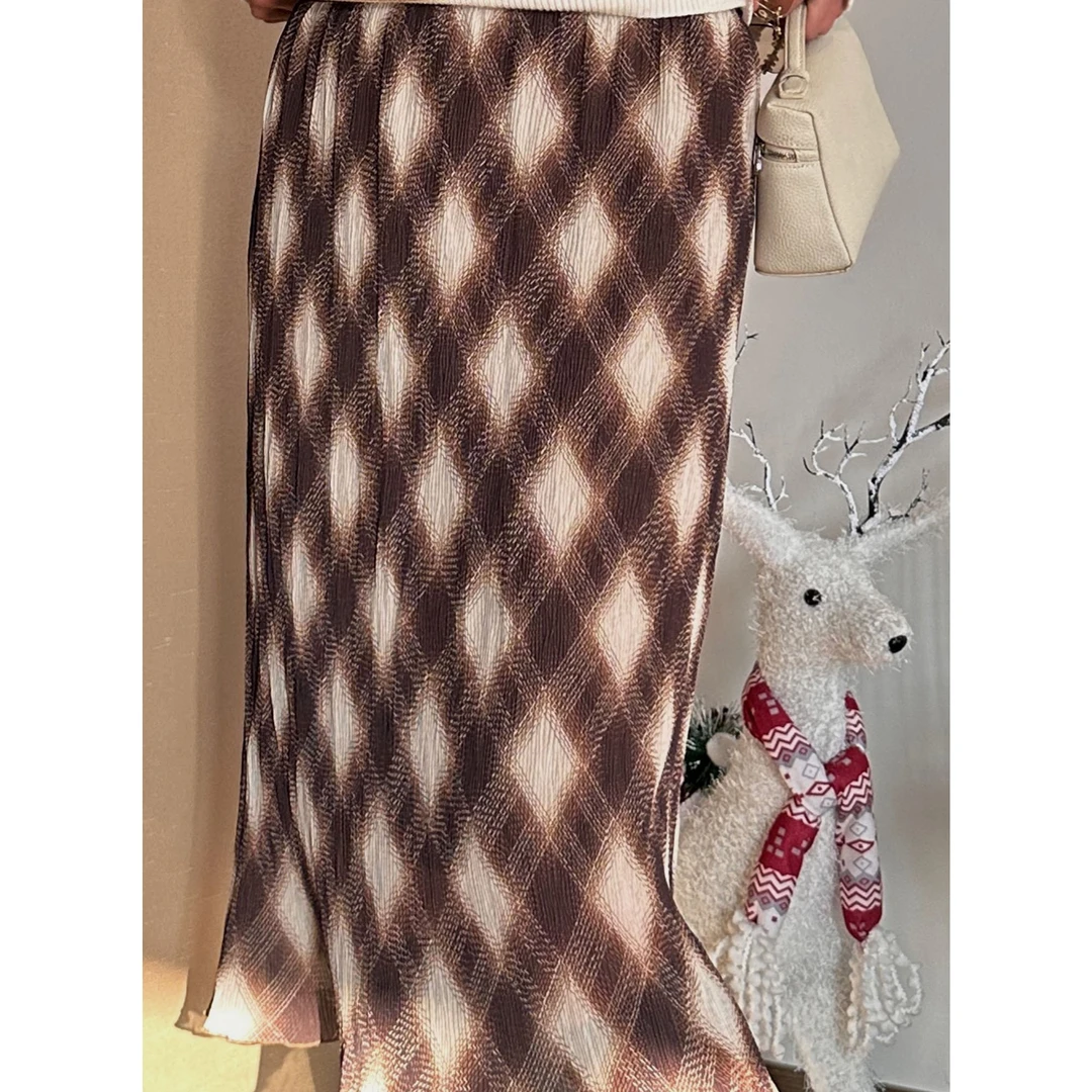 AME  画刊菱格裙   新复古主义棕格压纹锁边浪漫裙ZD12BZYL926