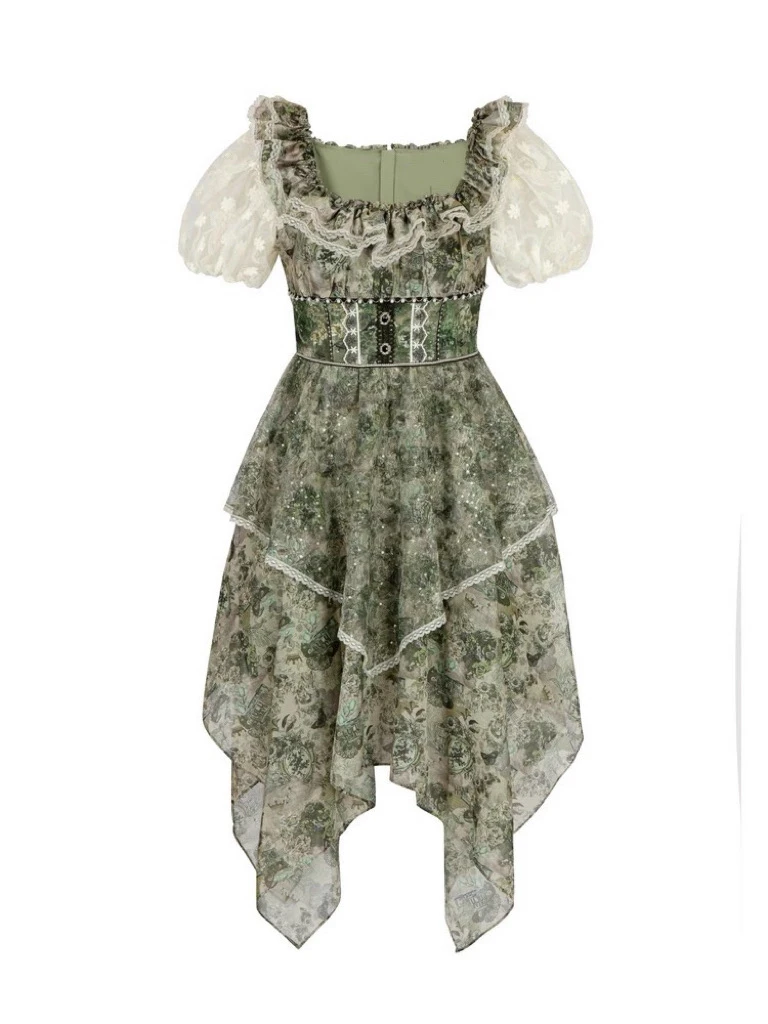 花颜颜露露秋季新款森系花笺方领不规则连衣裙绿色公主显瘦碎花