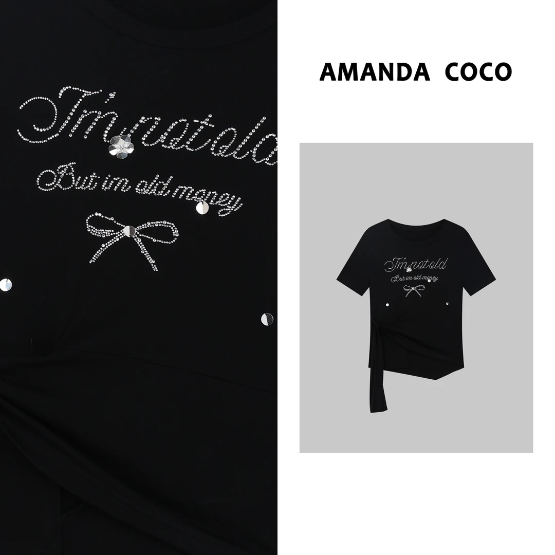 辰辰 | 夏季凉感珠片字母烫钻显瘦绑带短袖T恤