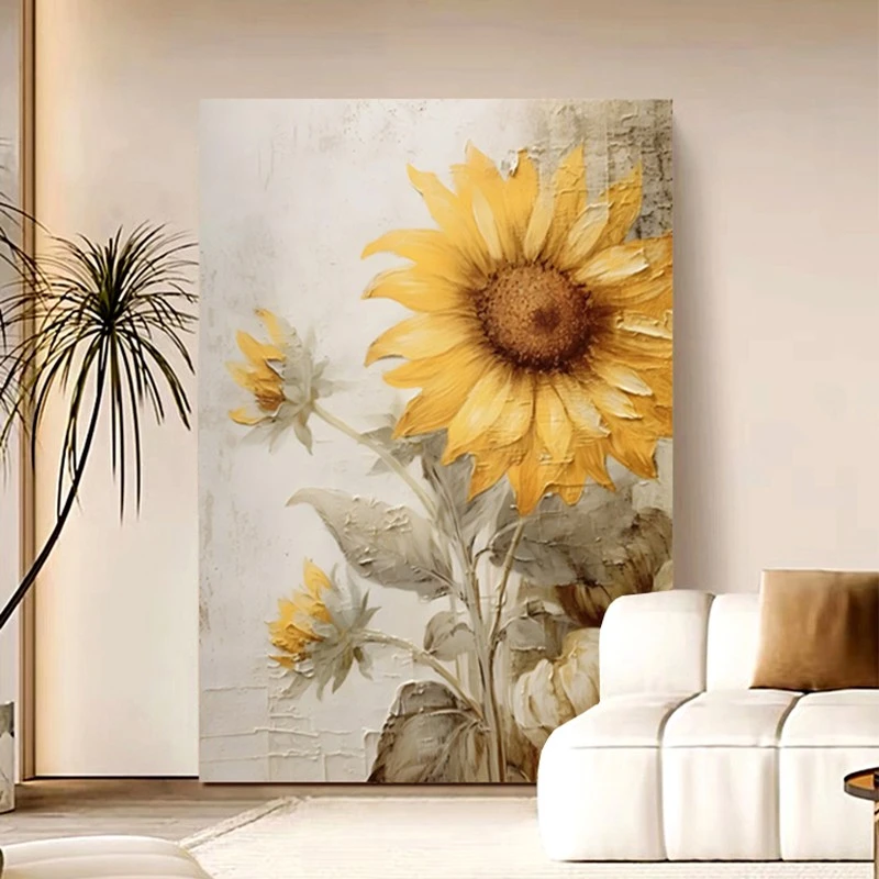 纯手绘油画《向日葵》奶油风玄关挂画餐厅壁画客厅沙发背景装饰画