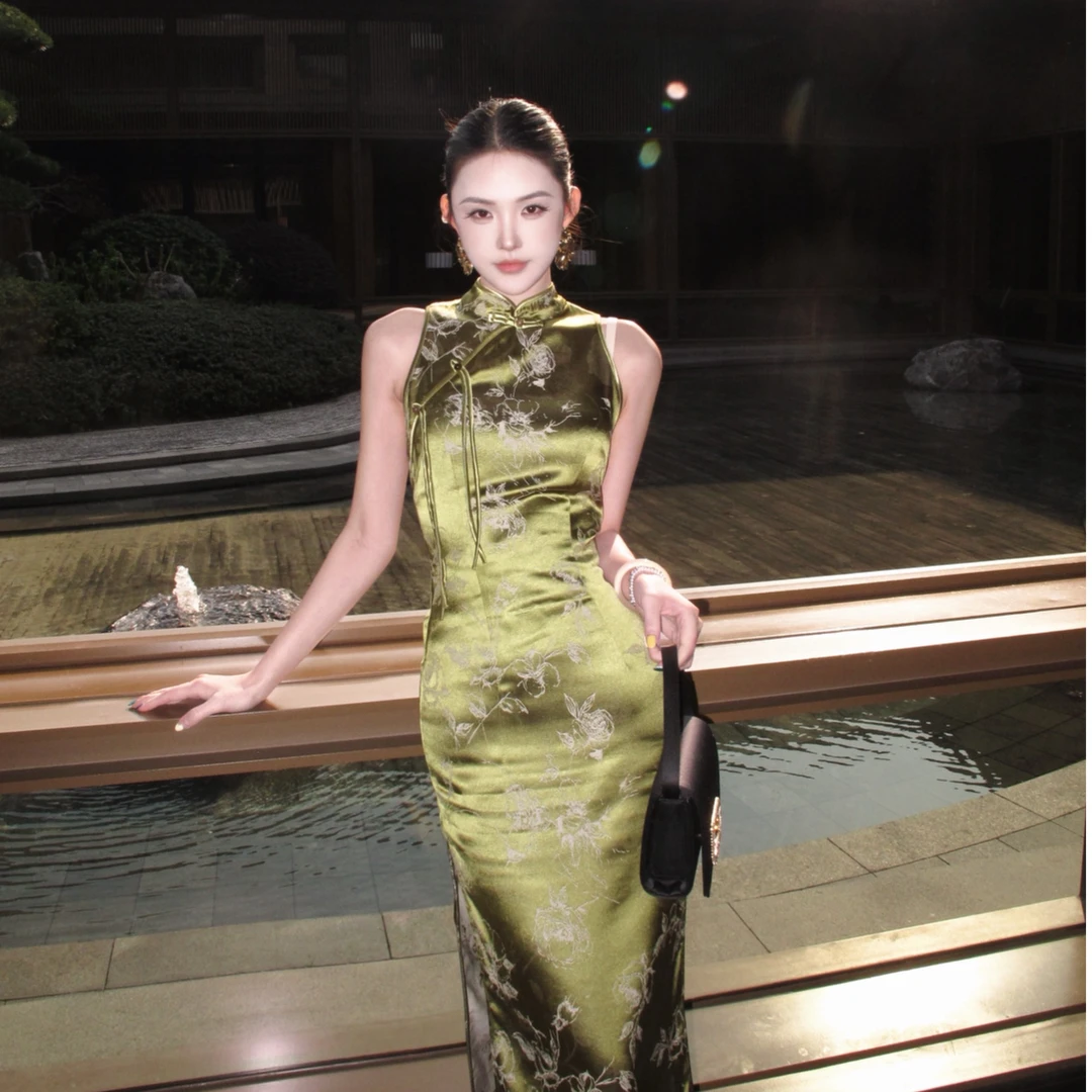 【Jiangyining】原创2025款长款无袖旗袍气质优雅修身显瘦连衣裙