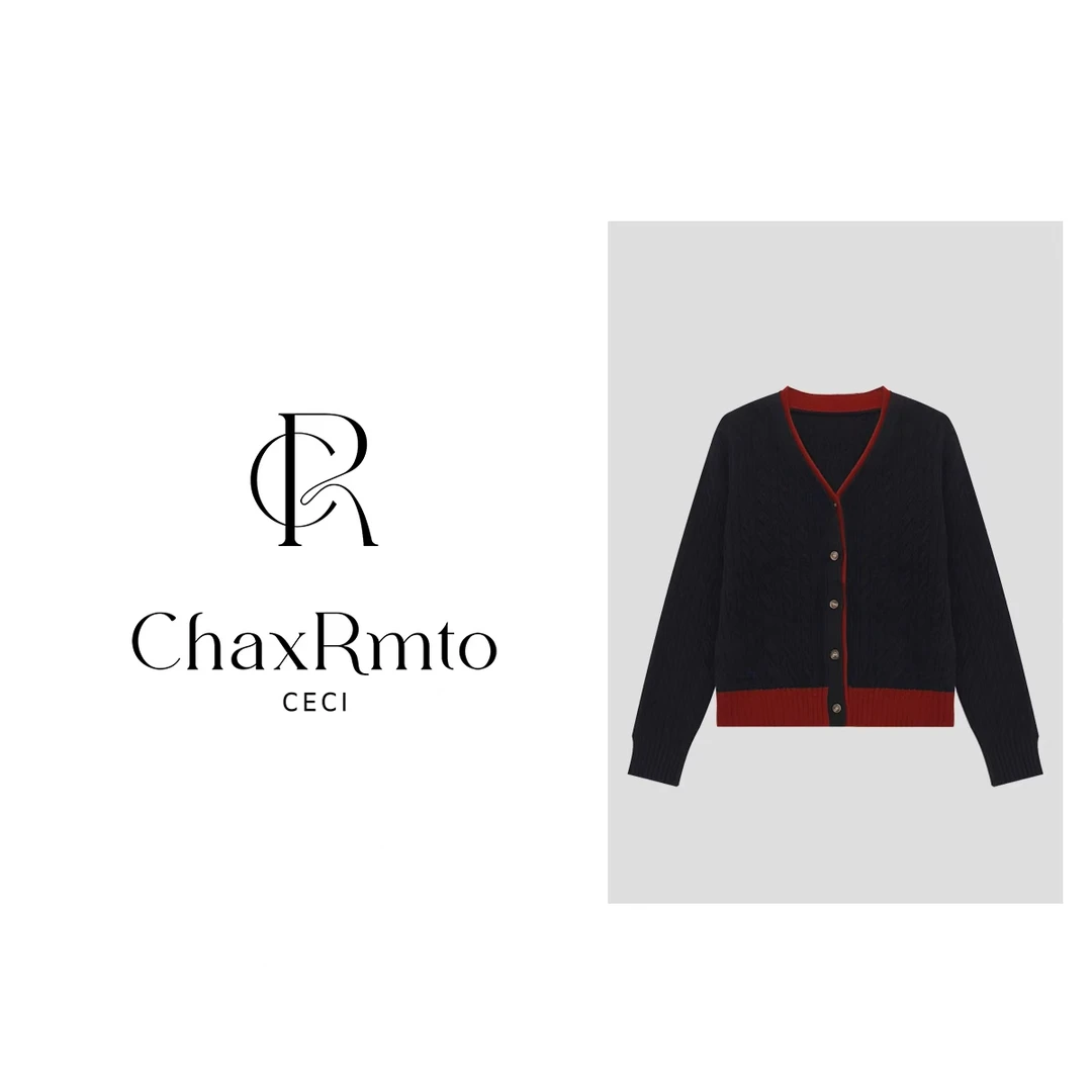 ChaxRmto斯斯25年秋冬新款黑红撞色经典羊毛针织开衫 SD1A1447