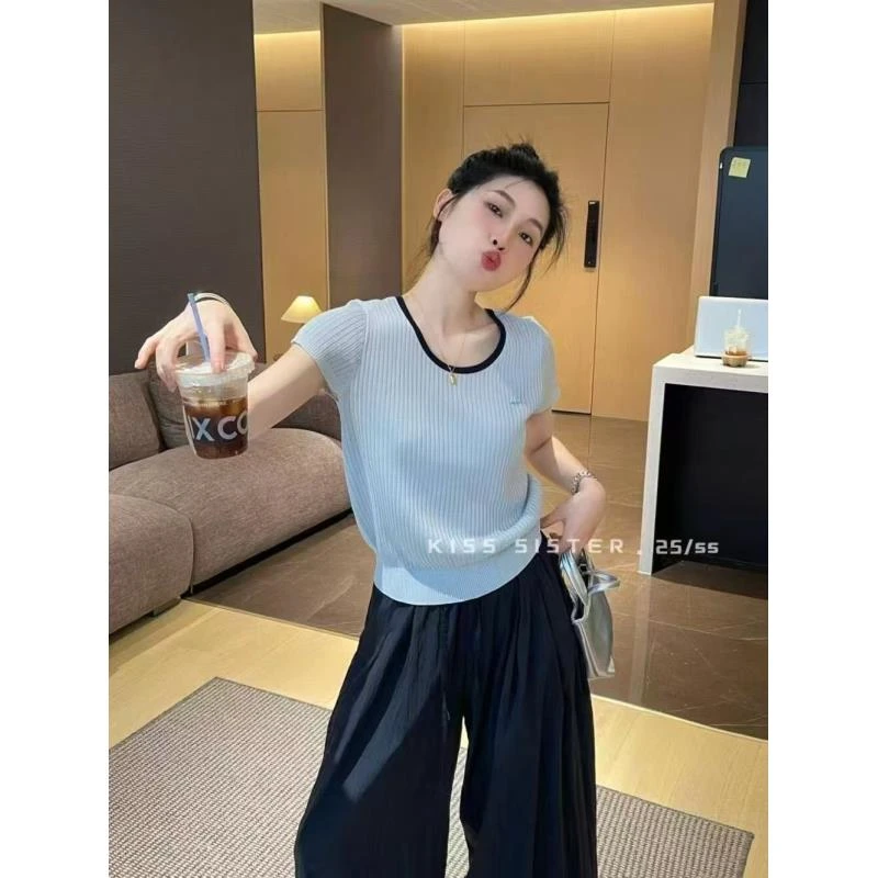 夏季性感露背细带交叉设计冰丝短袖上衣女减龄显瘦圆领针织衫5166