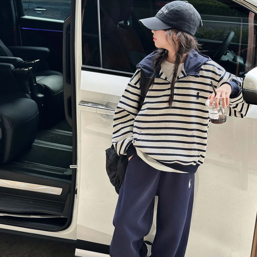 女童套装秋季2025新款时髦潮酷儿童女孩秋装女大童春秋条纹两件套