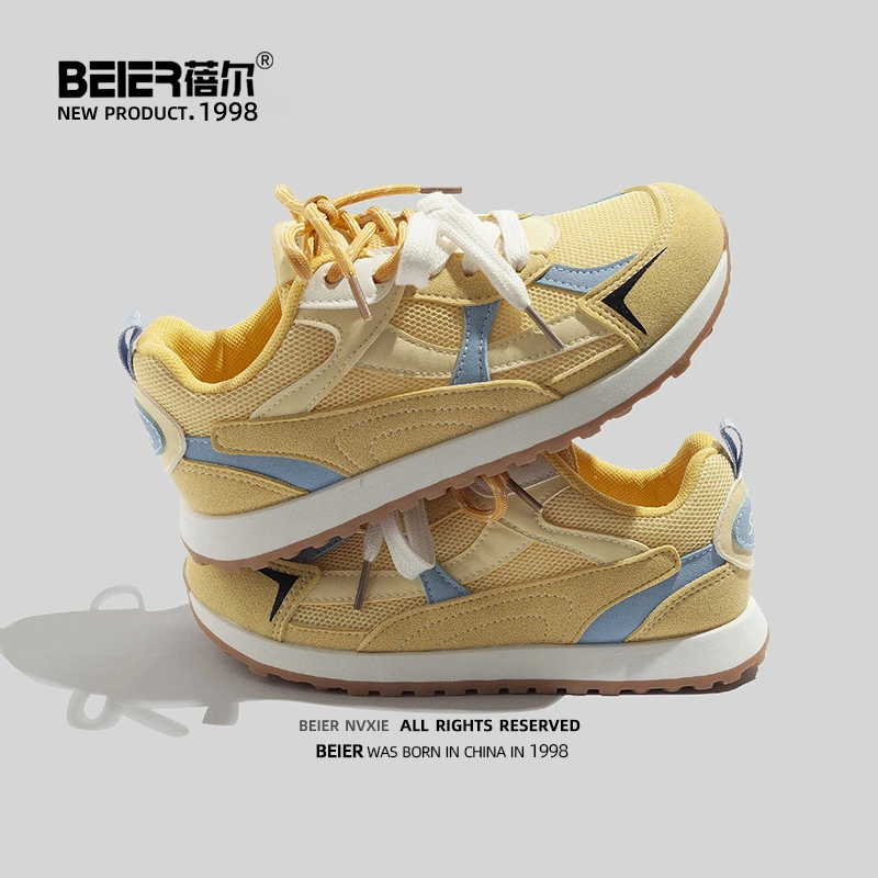 蓓尔透气舒适网面鞋小白鞋2025夏季新款百搭复古休闲板鞋女鞋2805