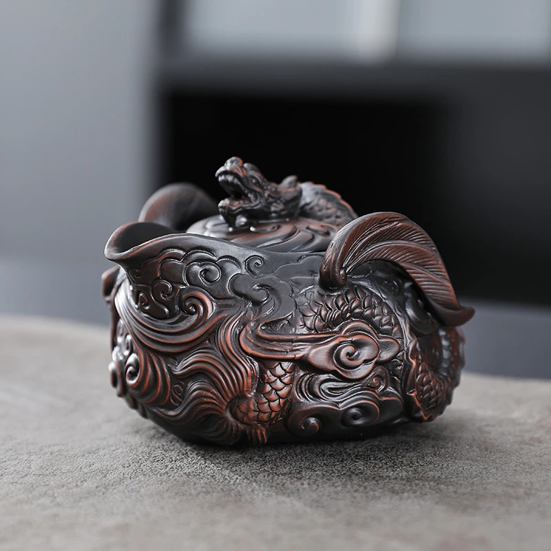 云南紫陶全手工堆雕满雕飞龙手抓壶复古典雅大容量陶瓷壶茶具