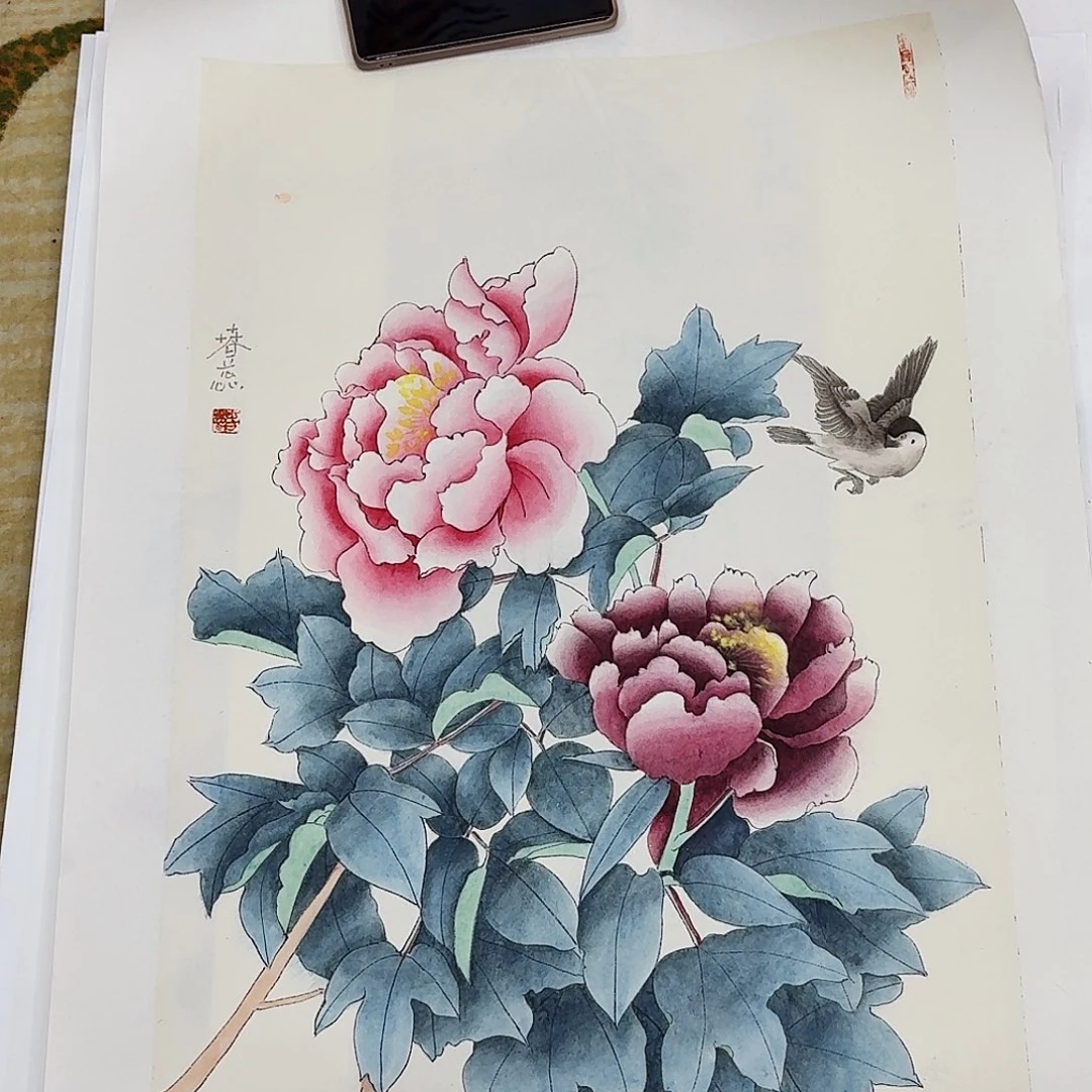 国画四尺三开花鸟