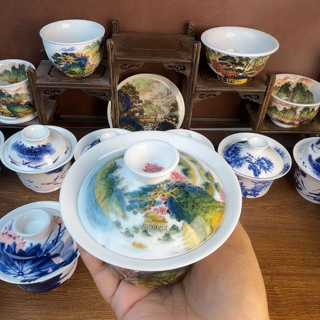 忠意堂釉下彩五彩山水