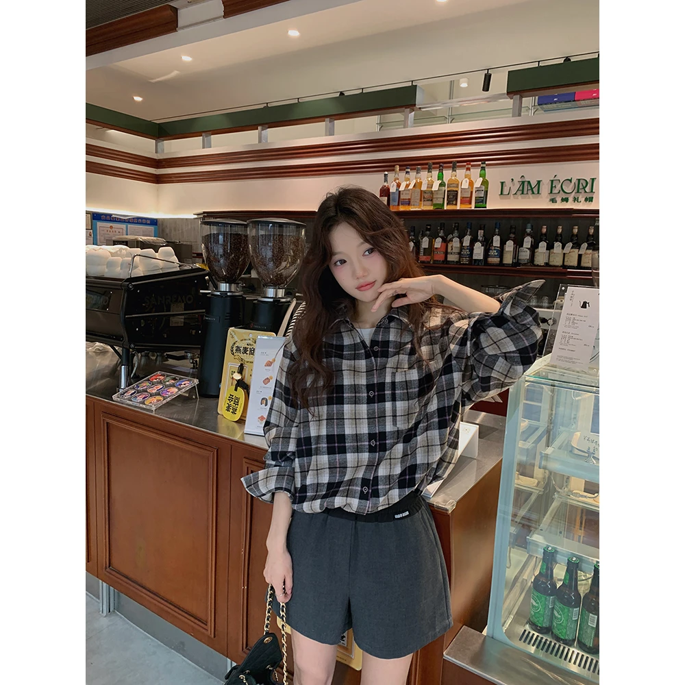 张贝贝 柏林漫秋 全棉色织 抽褶收摆磨毛格子衫