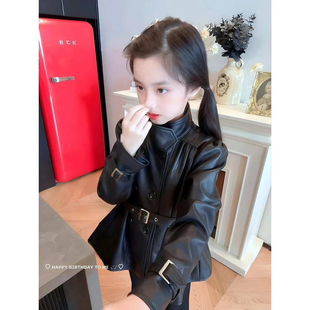 女童皮衣外套女酷飒风儿童黑色皮夹克2025炸街秋季新款中长款洋气