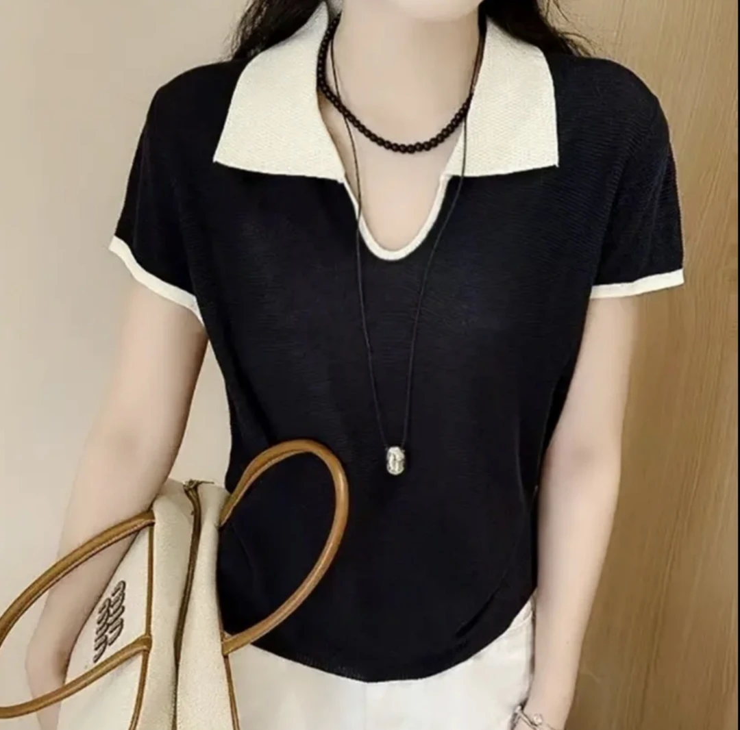 【娃娃领藏青】毛针织衫洋气女短袖短款撞色松弛感针织衫上衣女装