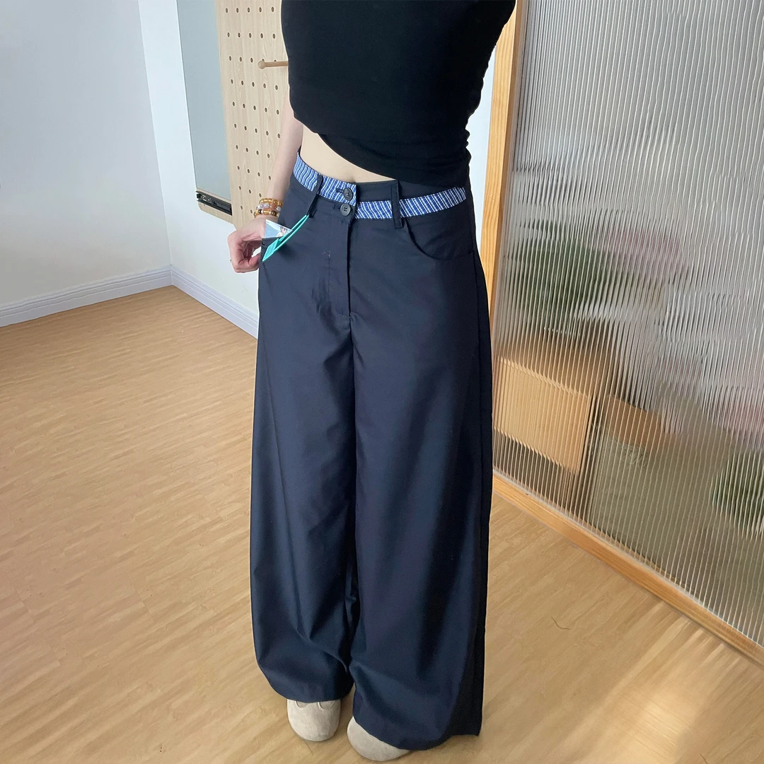 垂感藏青色西装裤女秋季大码胖mm梨形身材显瘦宽松直筒阔腿休闲裤