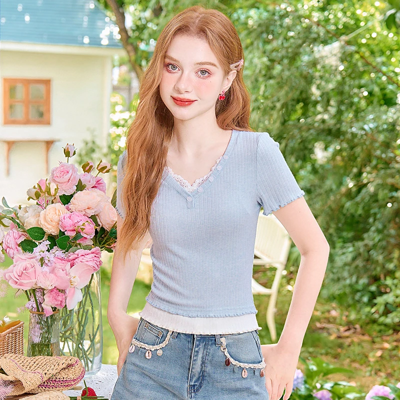 2025夏季新款女装甜美雾蓝色V领假两件针织修身百搭短袖T恤衫上衣