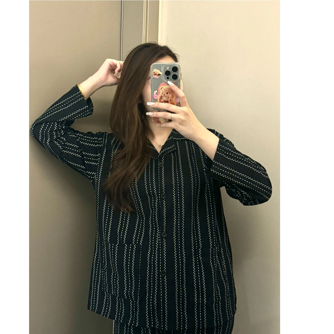 ins韩版高级感情侣睡衣春秋纯棉条纹男女长袖长裤口袋家居服外穿