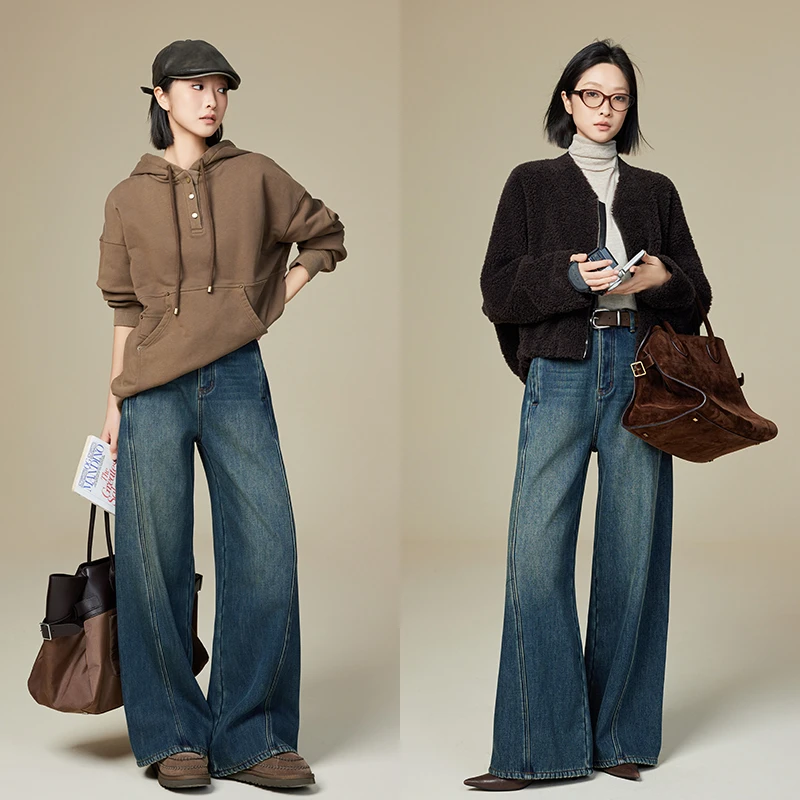 美洋MEIYANG【60系列】美腿线牛仔裤12支赛络纺厚绒阔腿裤