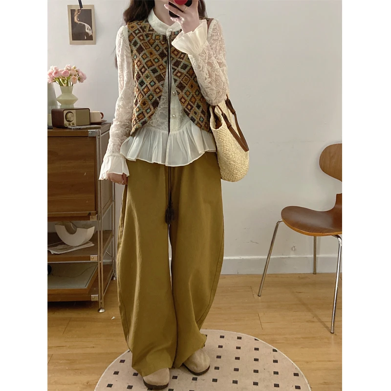 大码复古休闲风气质提花马甲2025春夏新款美拉德风洋气蕾丝衬衫