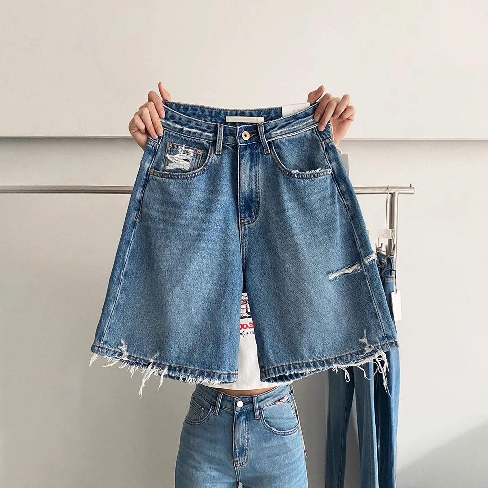 复古破洞做旧牛仔直筒短裤子女款2025夏季薄款高腰百搭阔腿五分裤