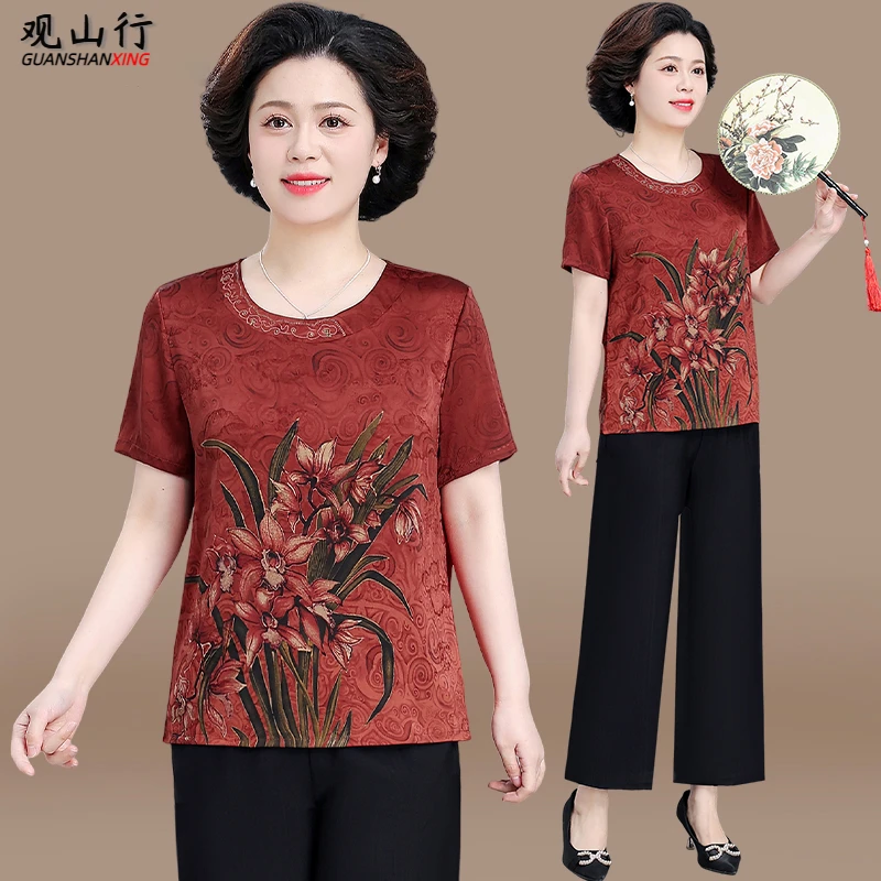 妈妈夏装套装国风上衣2025新款中老年人夏季短袖仿真丝小衫T恤女