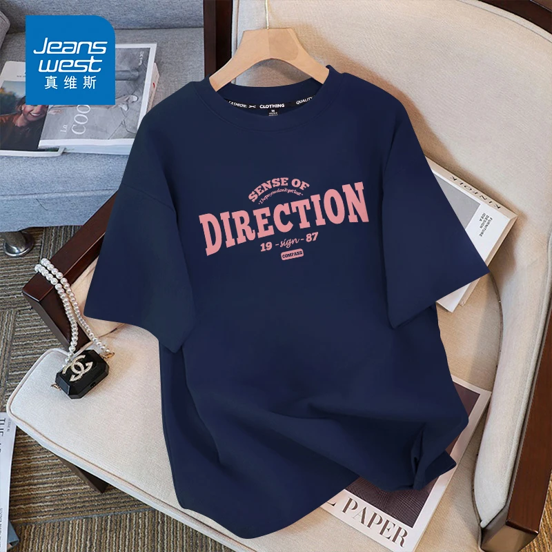 真维斯藏青色纯棉短袖t恤女2025夏季新款爆款美式复古宽松上衣女