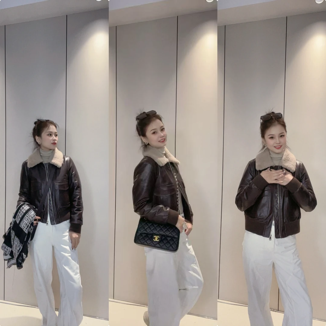 [LINLIN] 真皮绵羊皮鹅绒羽绒服服皮衣外套短款复古女款外套8661