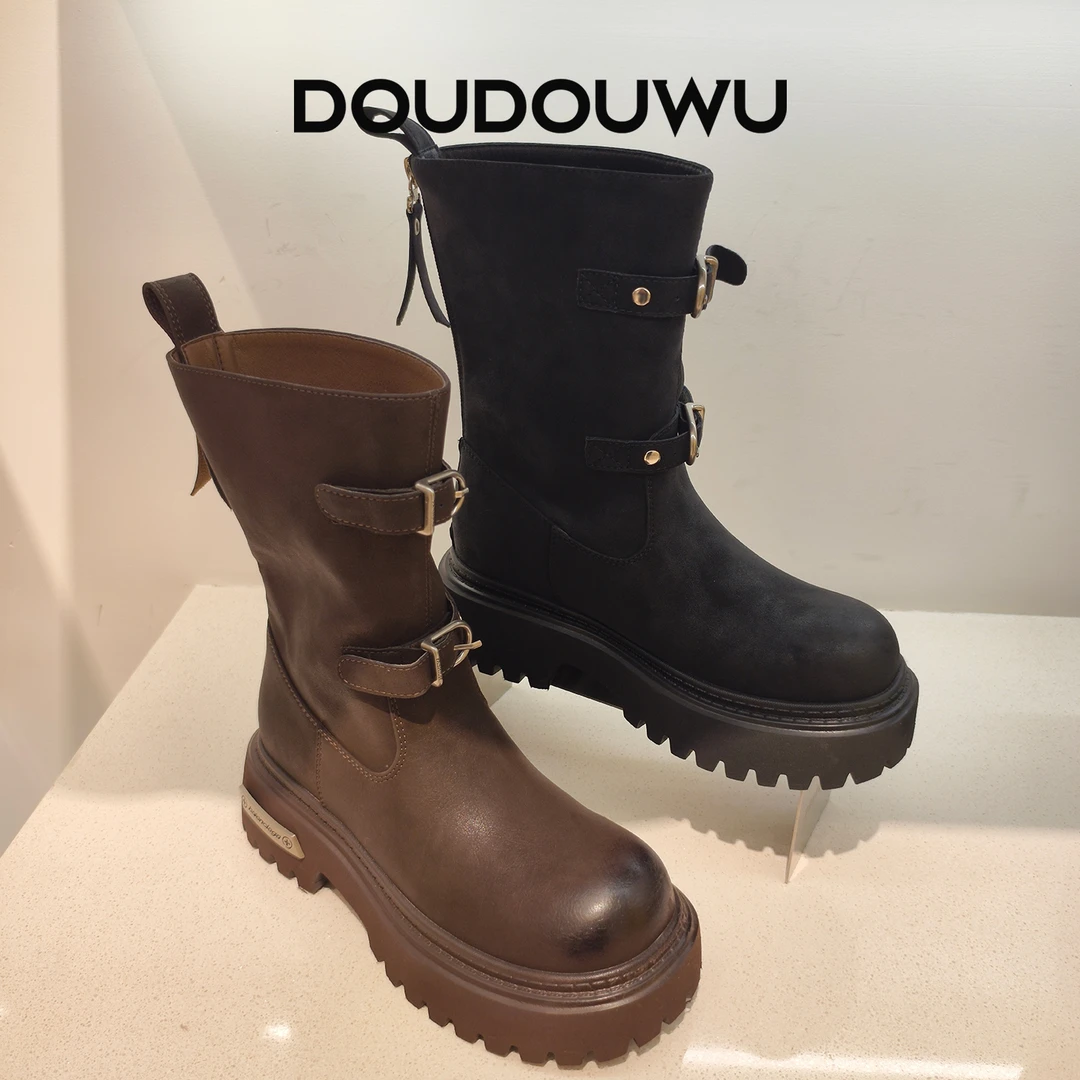 豆豆屋厚底休闲短靴女鞋2025秋冬季新款韩版复古风粗跟黑色短筒靴