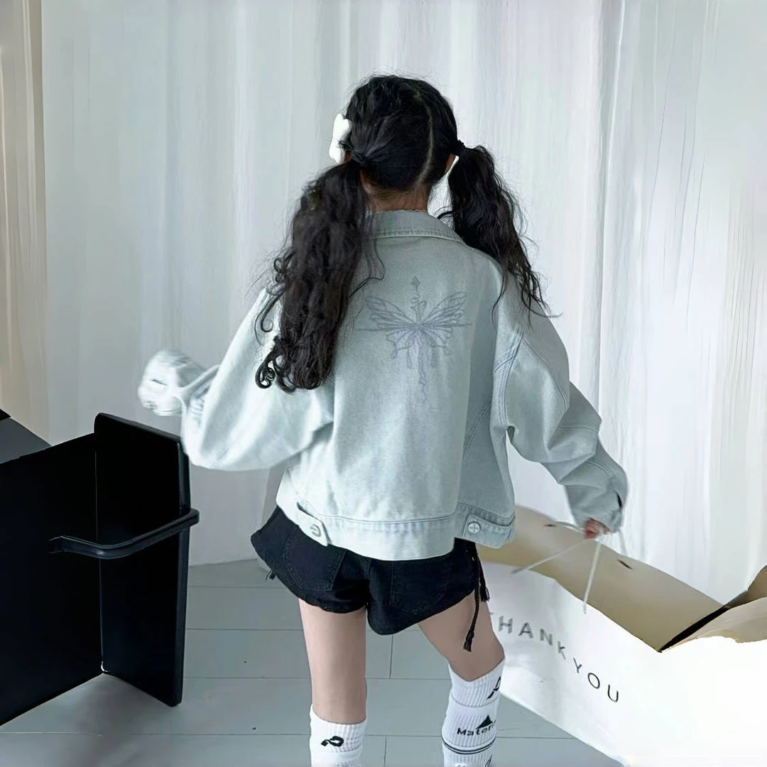 中大童女童外套2025年春季韩版洋气短款设计感蝴蝶刺绣牛仔外套