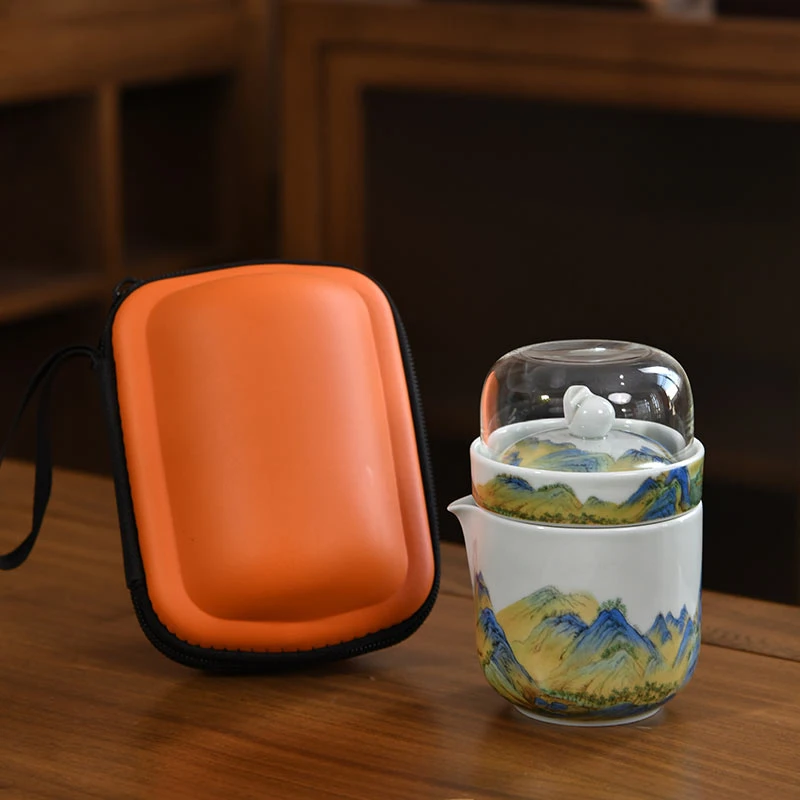 千里江山陶瓷旅行茶具便携一壶三杯户外手提轻奢带盖干泡便携式