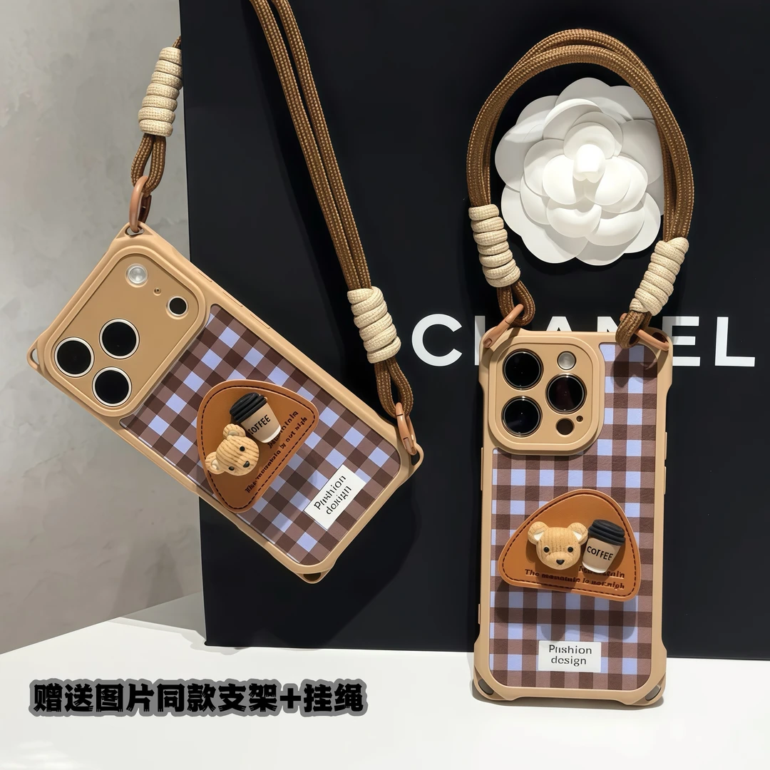 咖啡小熊支架挂绳适用苹果17/16手机壳iPhone15小米14华为vivoppo