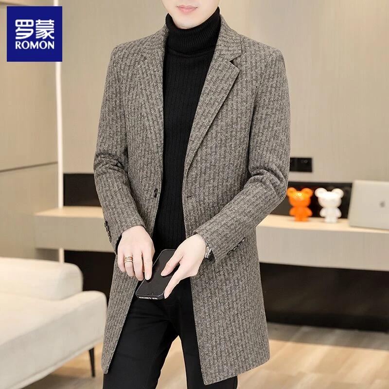 罗蒙现货韩版修身时尚高档呢子外套男士毛呢大衣中长款百搭风衣潮